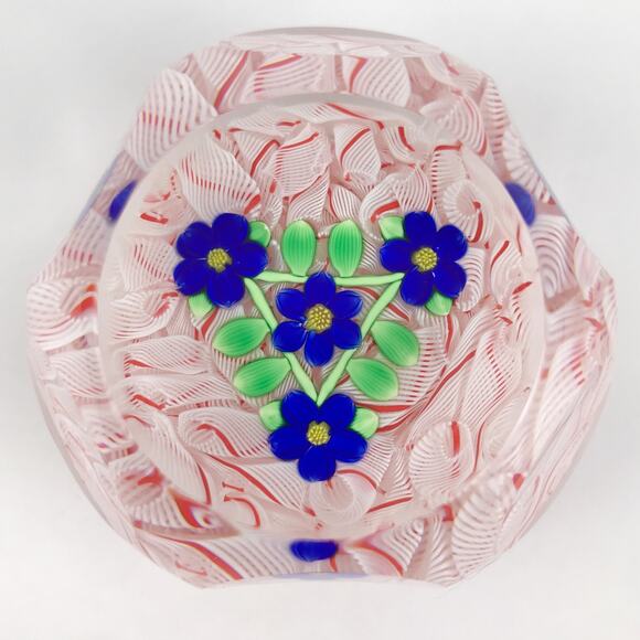 Perthshire PP47 2001 Blue Lampwork Flowers Triangular Design Lace LE Paperweight - Picture 2 of 13